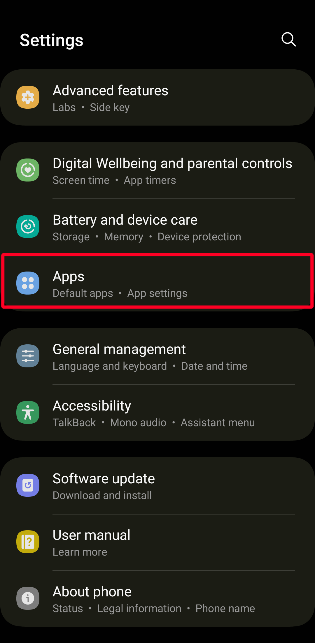 selecting Apps option in Android settings menu