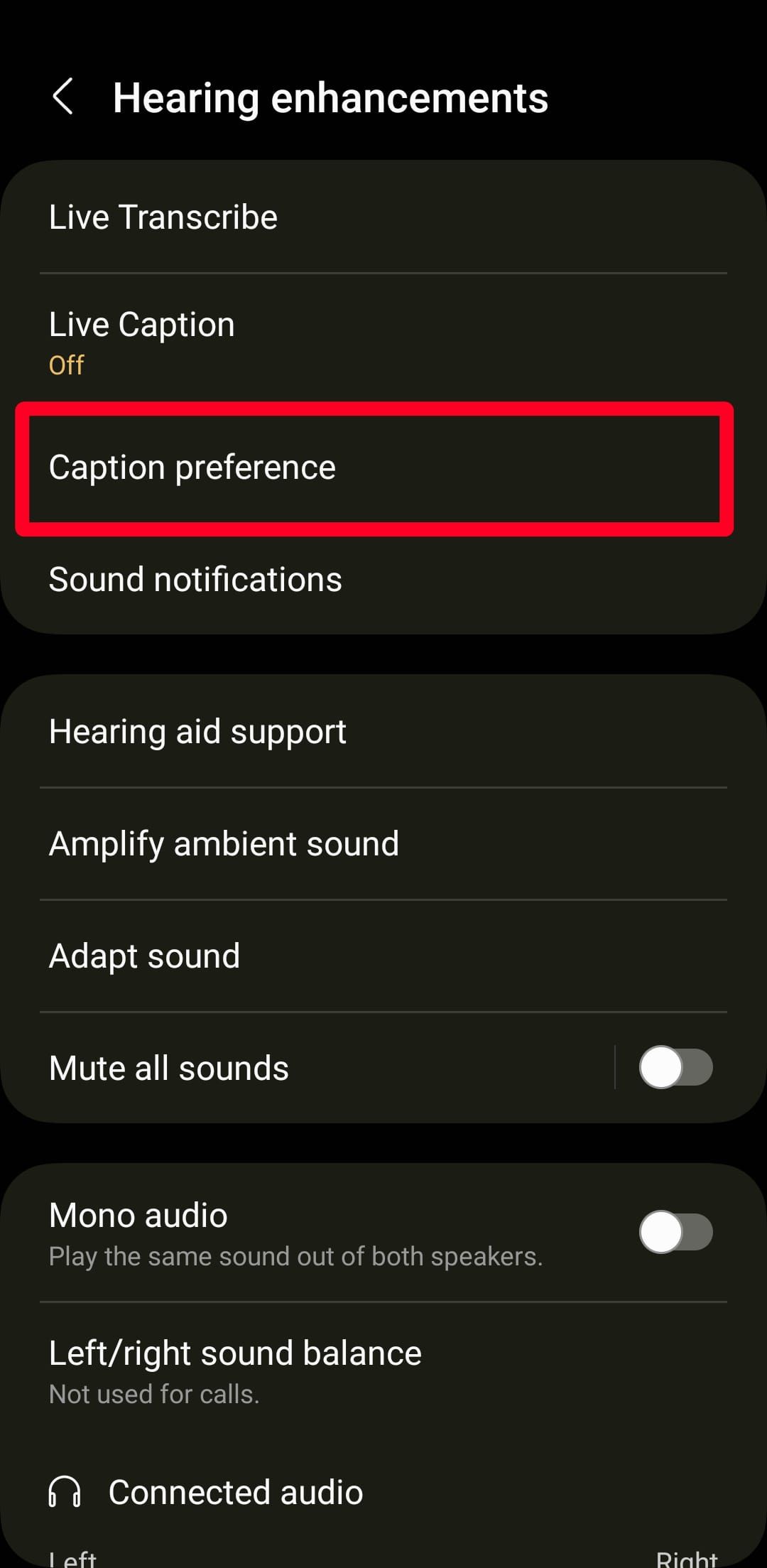 Selecting Caption preference option from Android 13 Hearing Enhancements menu