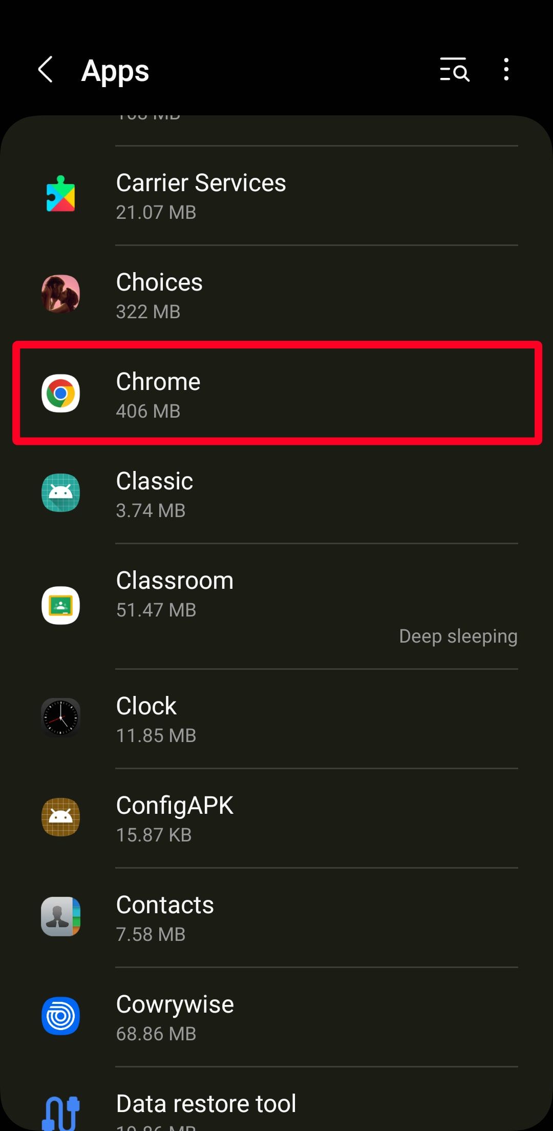 Screenshot showing how to select Chrome from the Apps menu on Android
