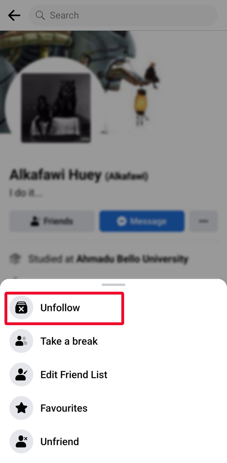 red rectangle outline highlighting the unfollow option on a Facebook profile