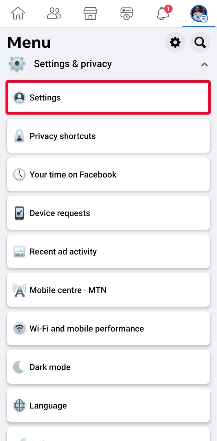 Settings and privacy option under Facebook mobile app menu