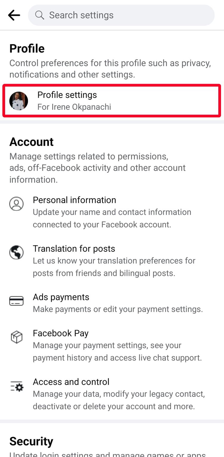 Settings menu on Facebook mobile app