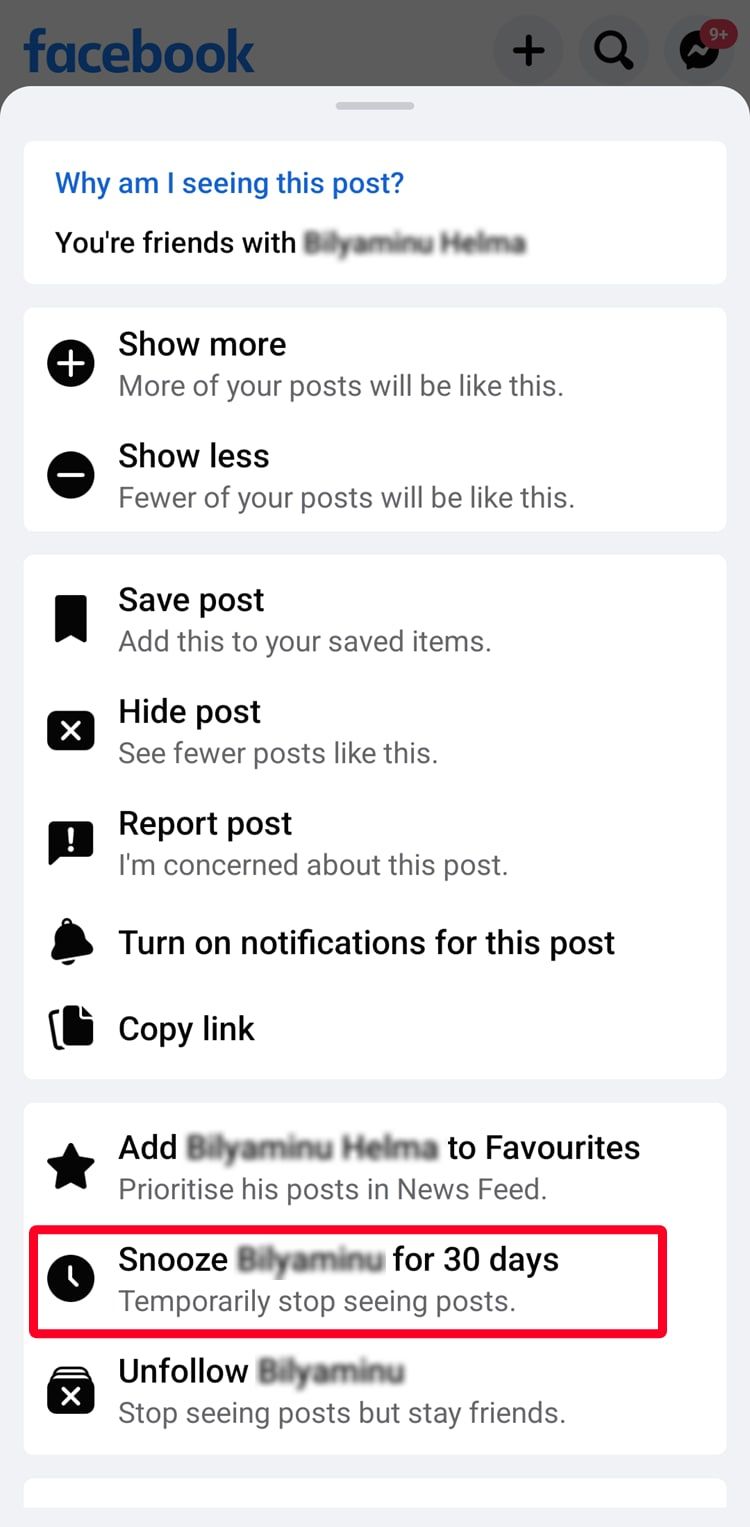 Snooze someone from your Facebook feed on your mobile app