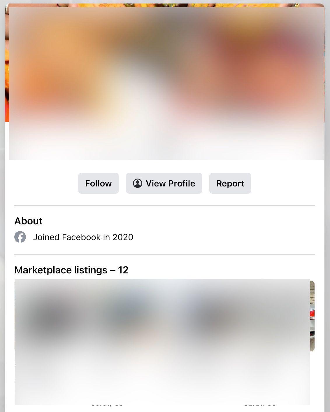 about section of a facebook selling profile with the personal information blurred out. It shows they have 12 marketplace listings and joined Facebook in 2020.