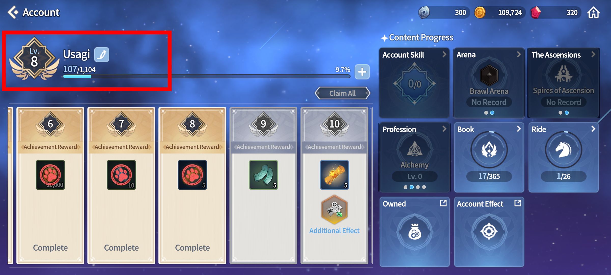 red rectangle outline over account name and level with achievement rewards