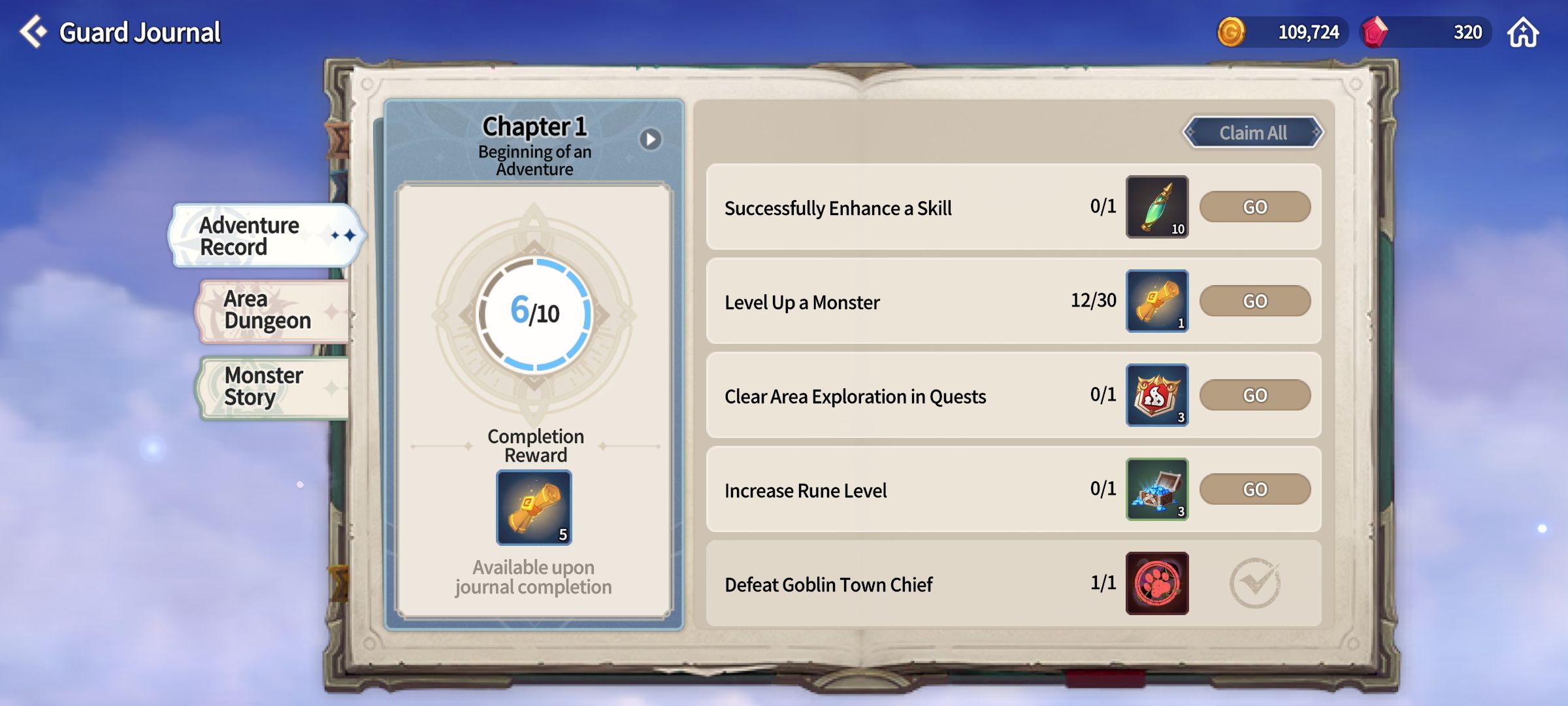 adventure record for chapter 1 and completion reward and total displayed