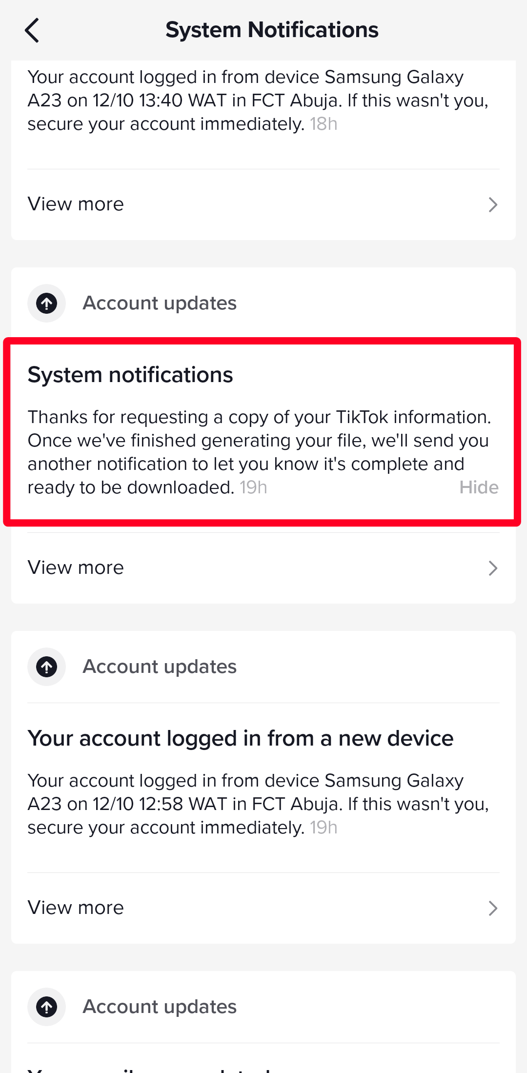 System notifications menu on TikTok