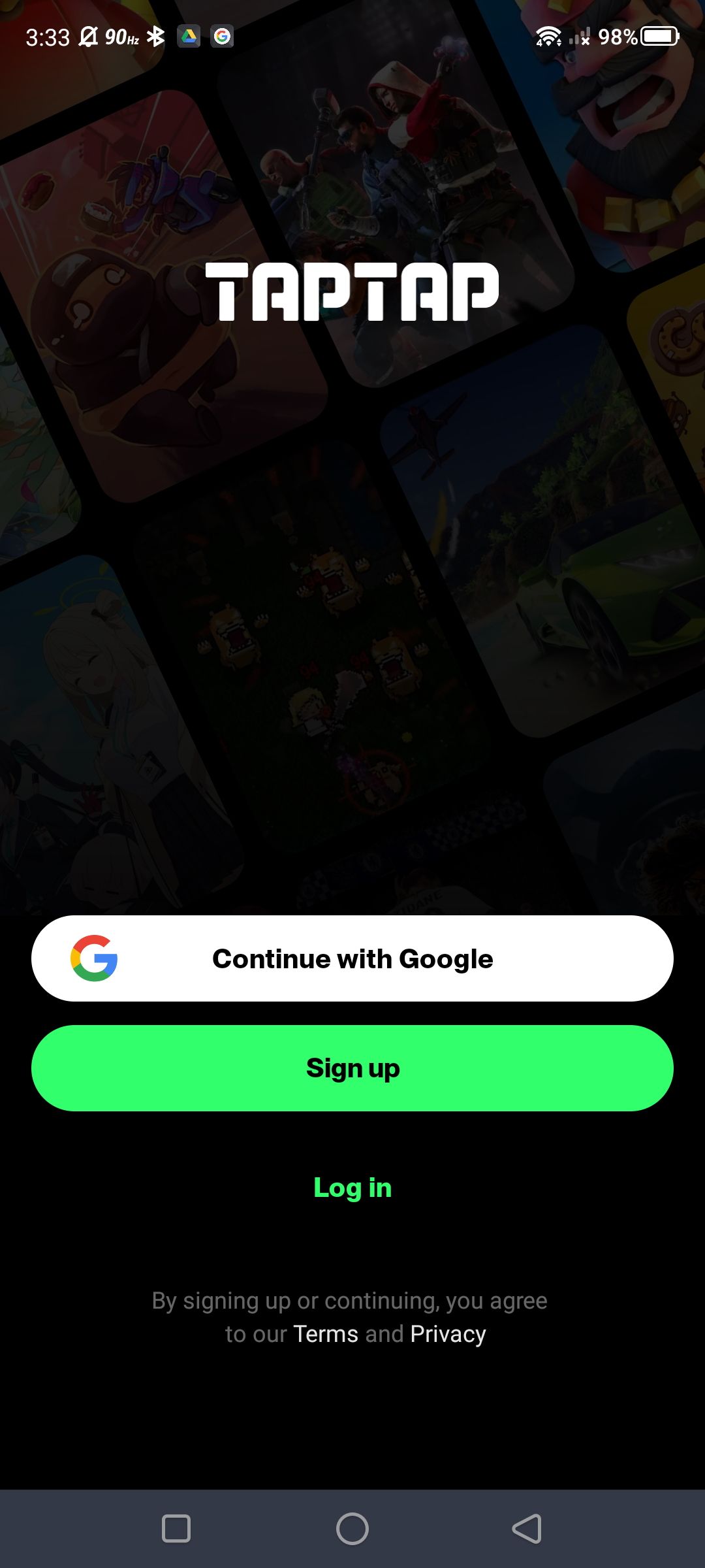 Captura de tela de login no TapTap por meio do aplicativo