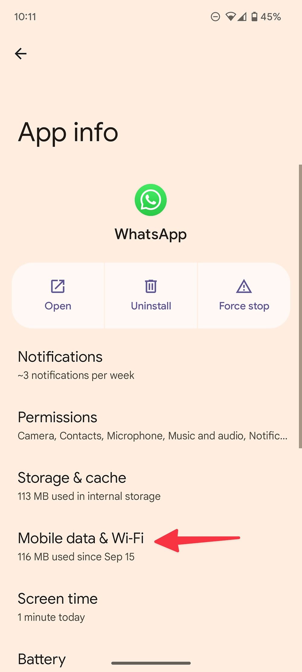 menu de dados móveis nas informações do aplicativo no android