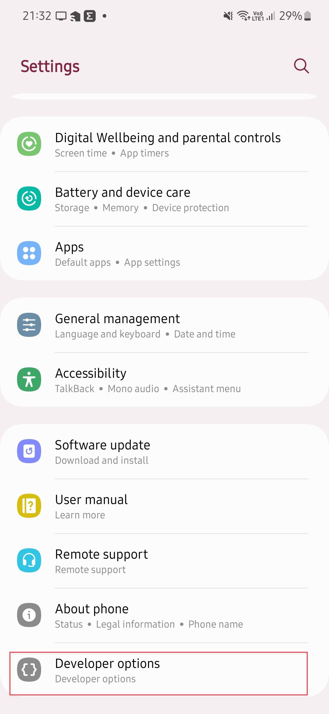 Screenshot showing developer options in the Samsung settings app