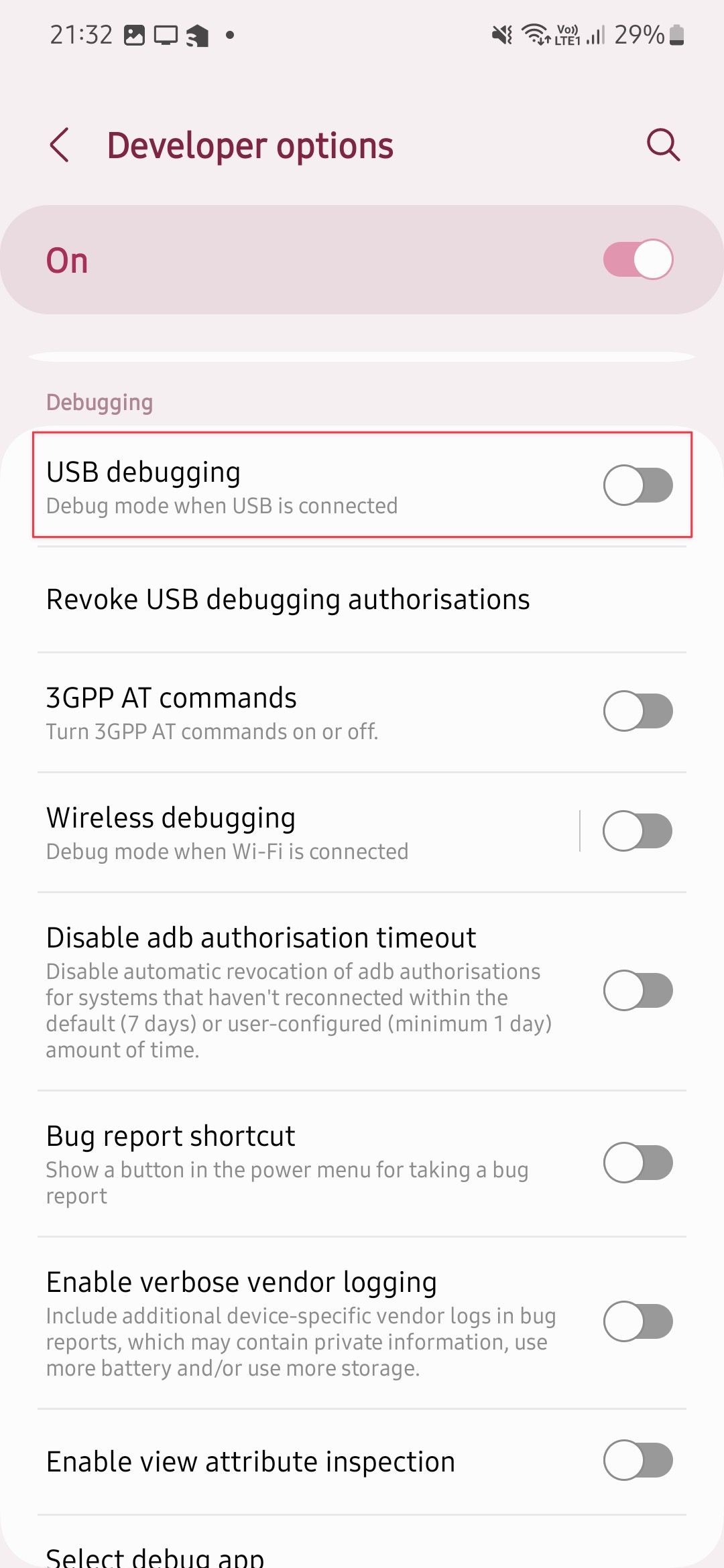 red rectangle outlie over the USB debugging toggle on Samsung