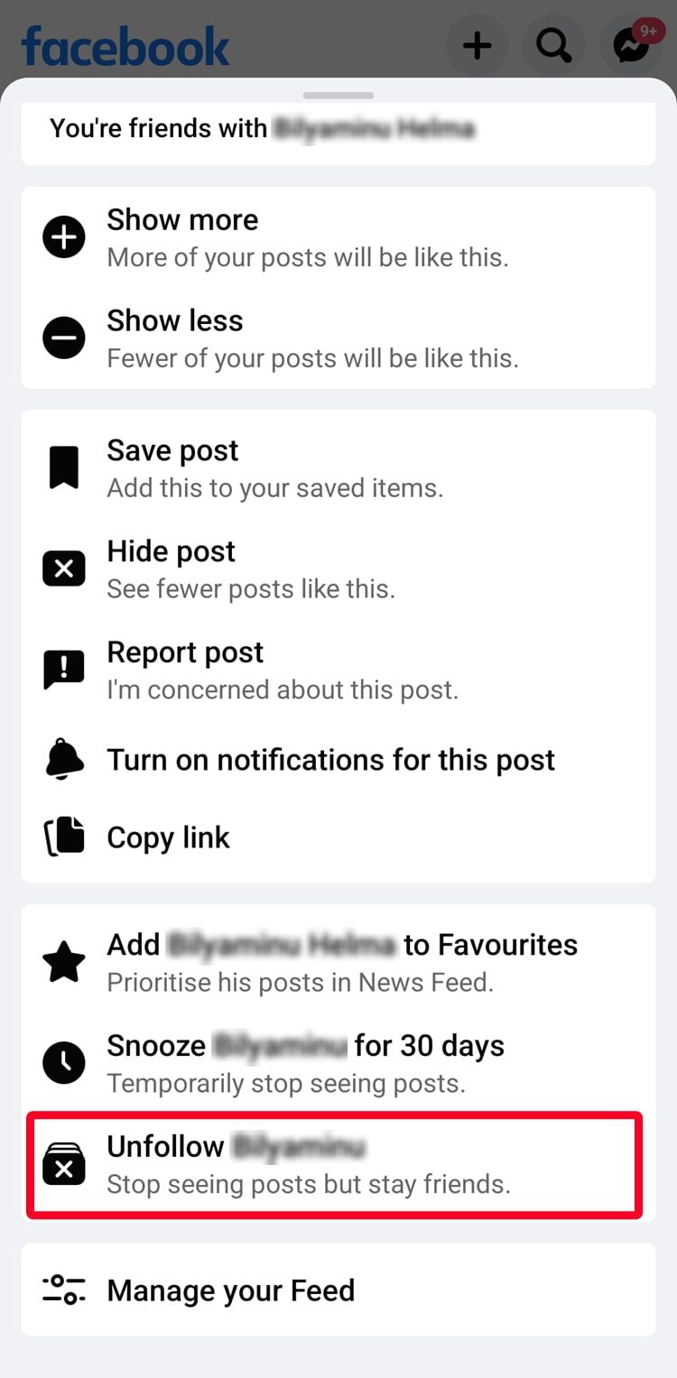 Facebook news feed post unfollow option