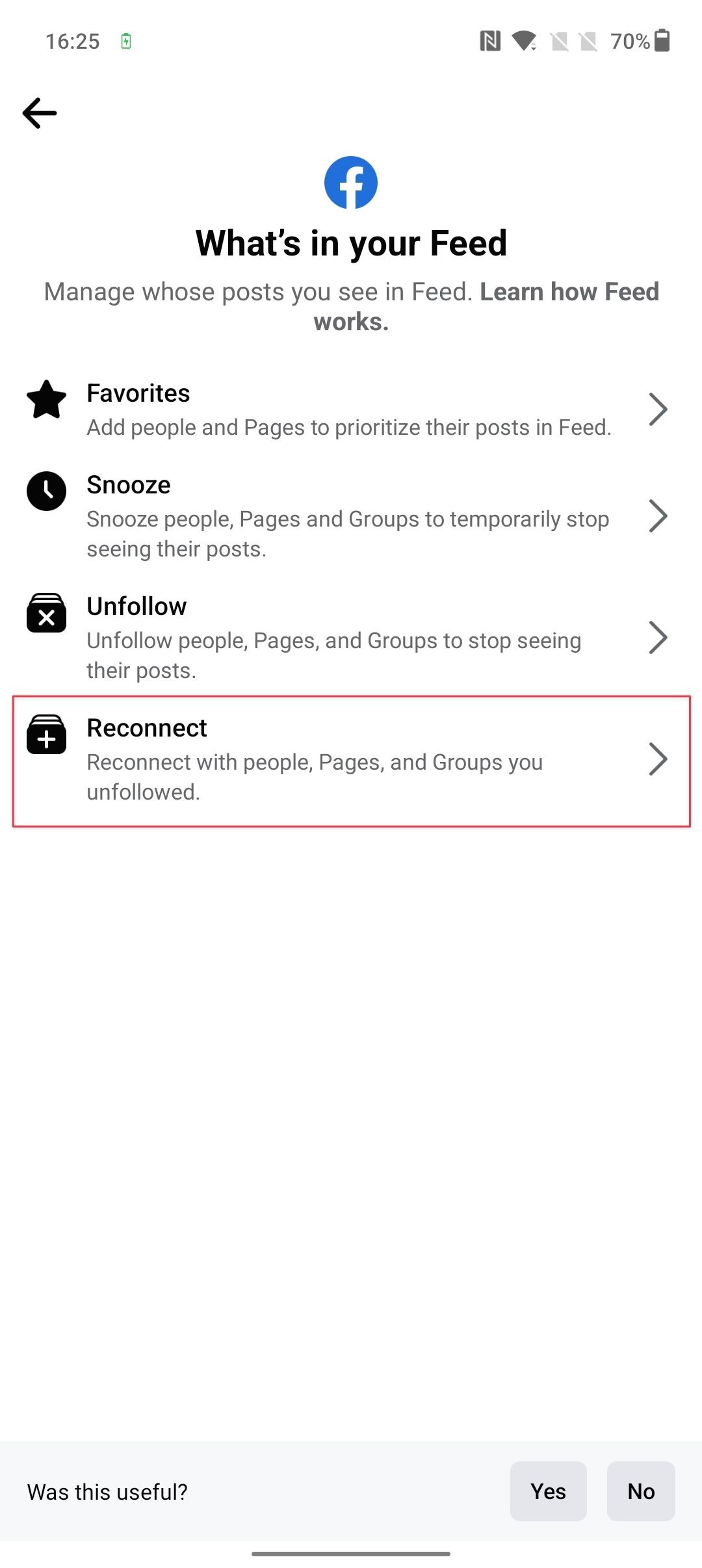 Facebook app Feed settings page screenshot showing the Reconnect option