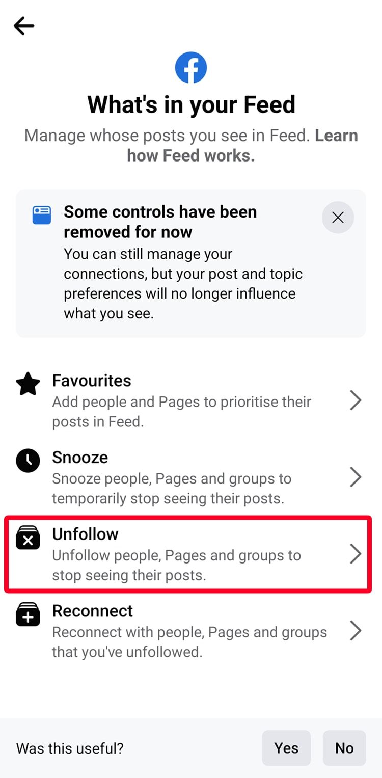 Whats in your Feed menu on Facebook mobile app