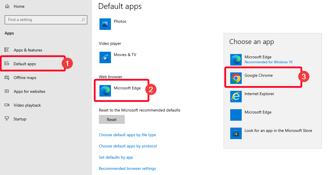 Screenshot of Windows 10 Default apps menu with Web browser options highlighted