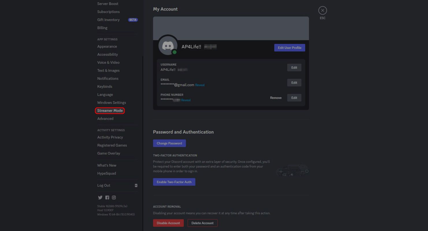 Discord settings menu highlighting the Streamer Mode menu selection