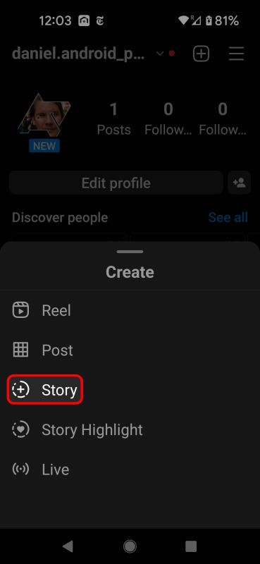 Instagram Buat menu pop-up dengan opsi Story yang disorot