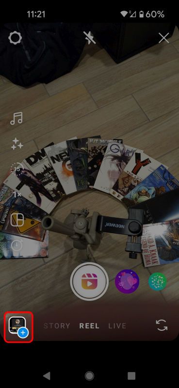 Layar tangkapan Instagram Reels dengan ikon Galeri disorot