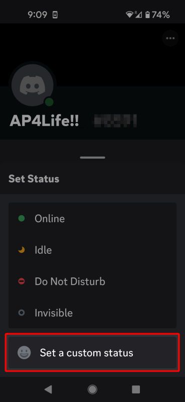 Discord mobile Set Status menu highlighting the Set a custom status menu selection