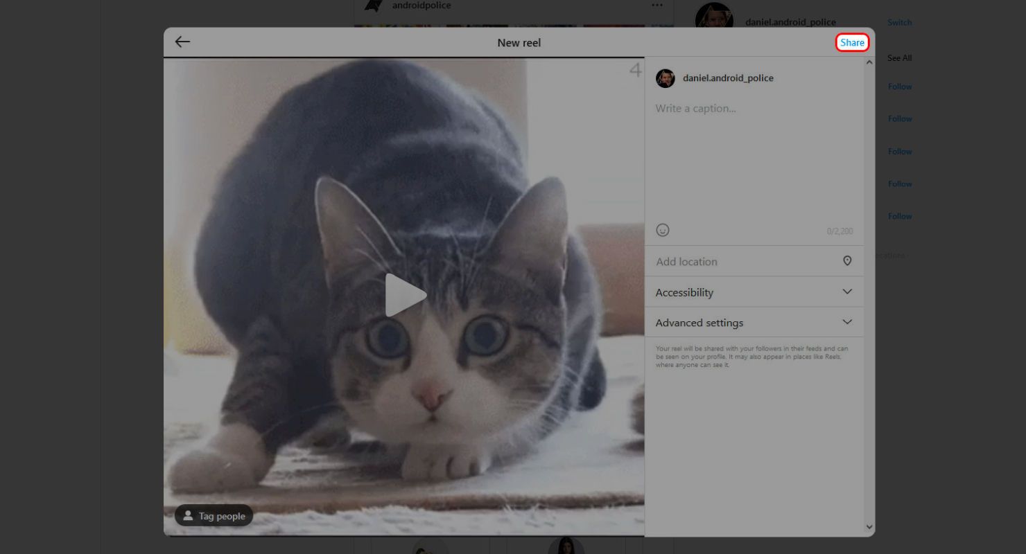 Peramban Instagram menerbitkan jendela Reel yang menyorot opsi Bagikan