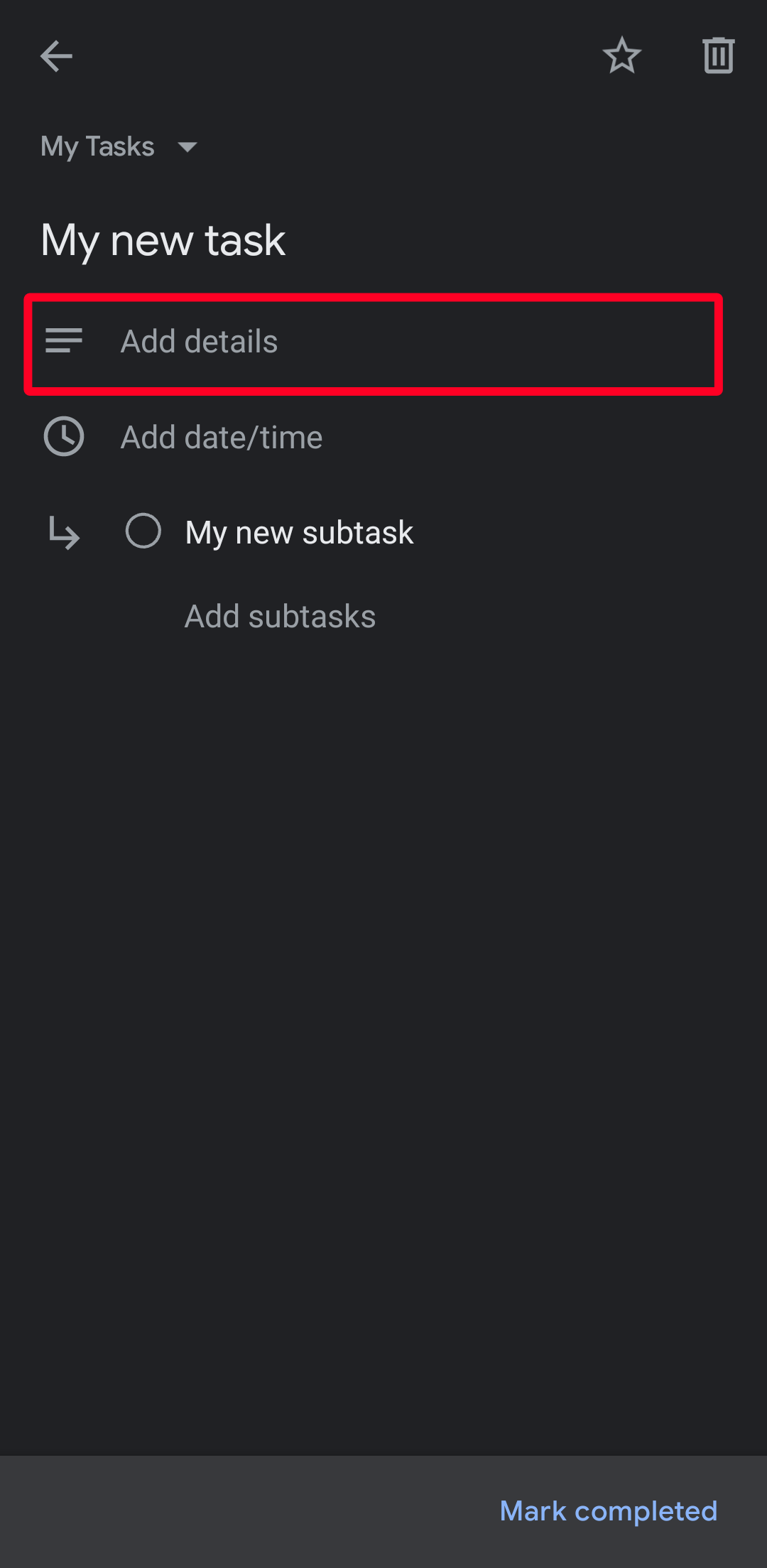 Add details option in Google Tasks Android app