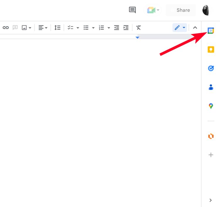 Open the add-ons panel in Google Docs and open Google Calendar