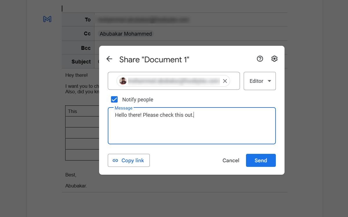 Screenshot displaying a text box prompt, inviting users to enter a message about the document they are sharing.