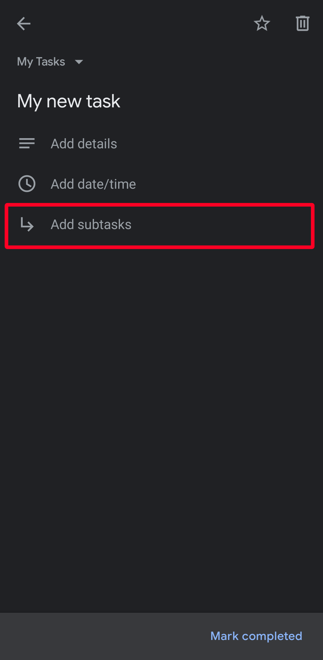 Add subtasks option in Google Tasks Android app