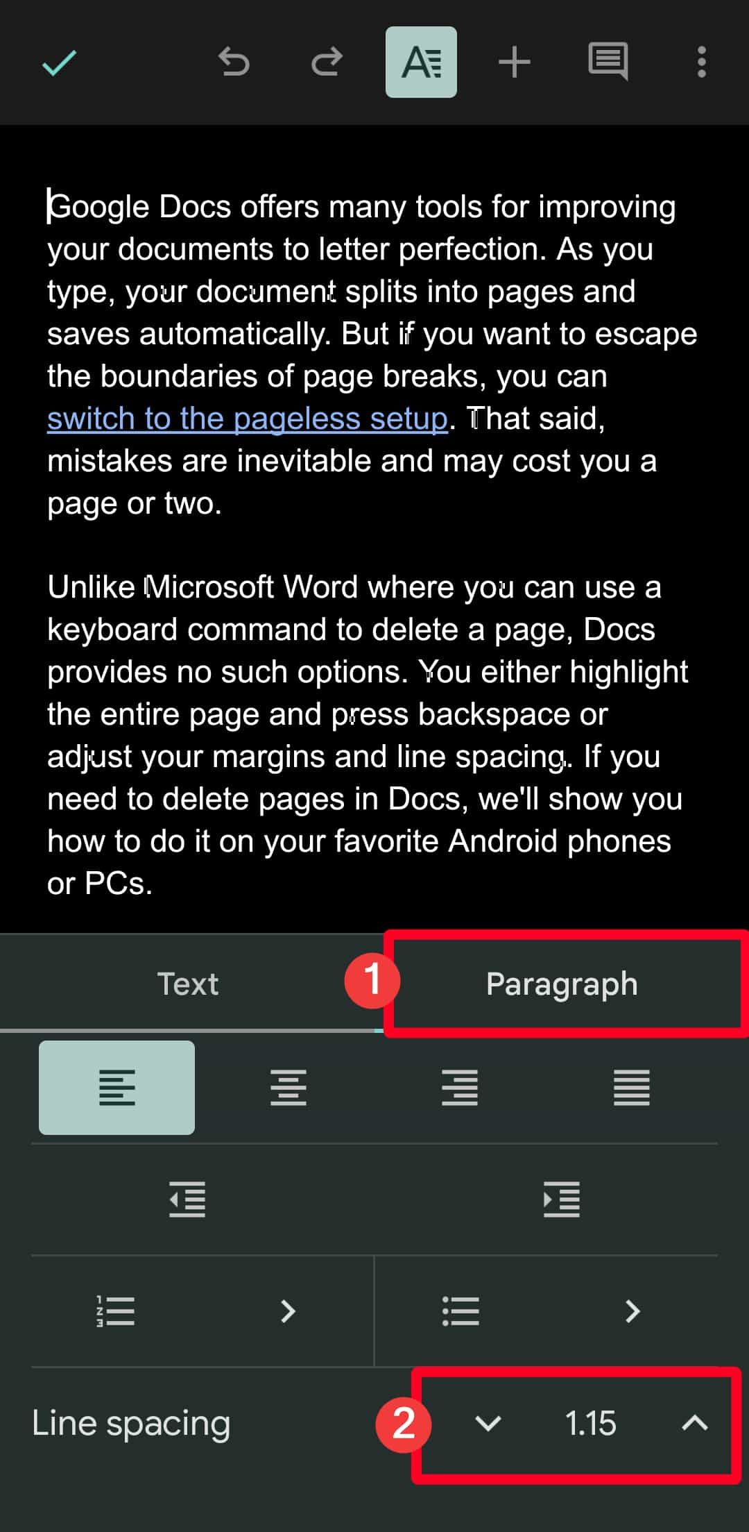 Adjusting custom spacing in Google Docs mobile app