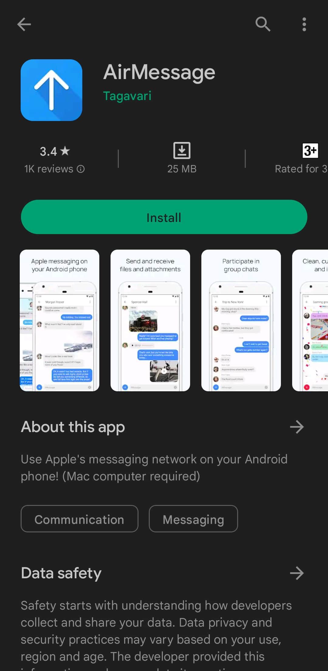 Halaman informasi AirMessage di Google Play Store