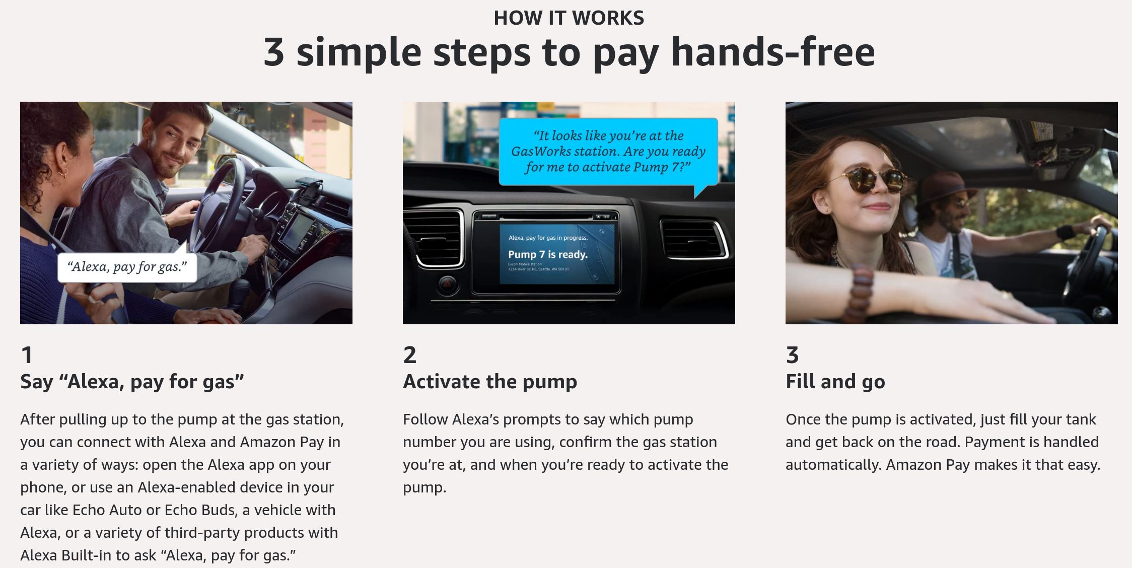 The steps to use Alexa to pay for gas