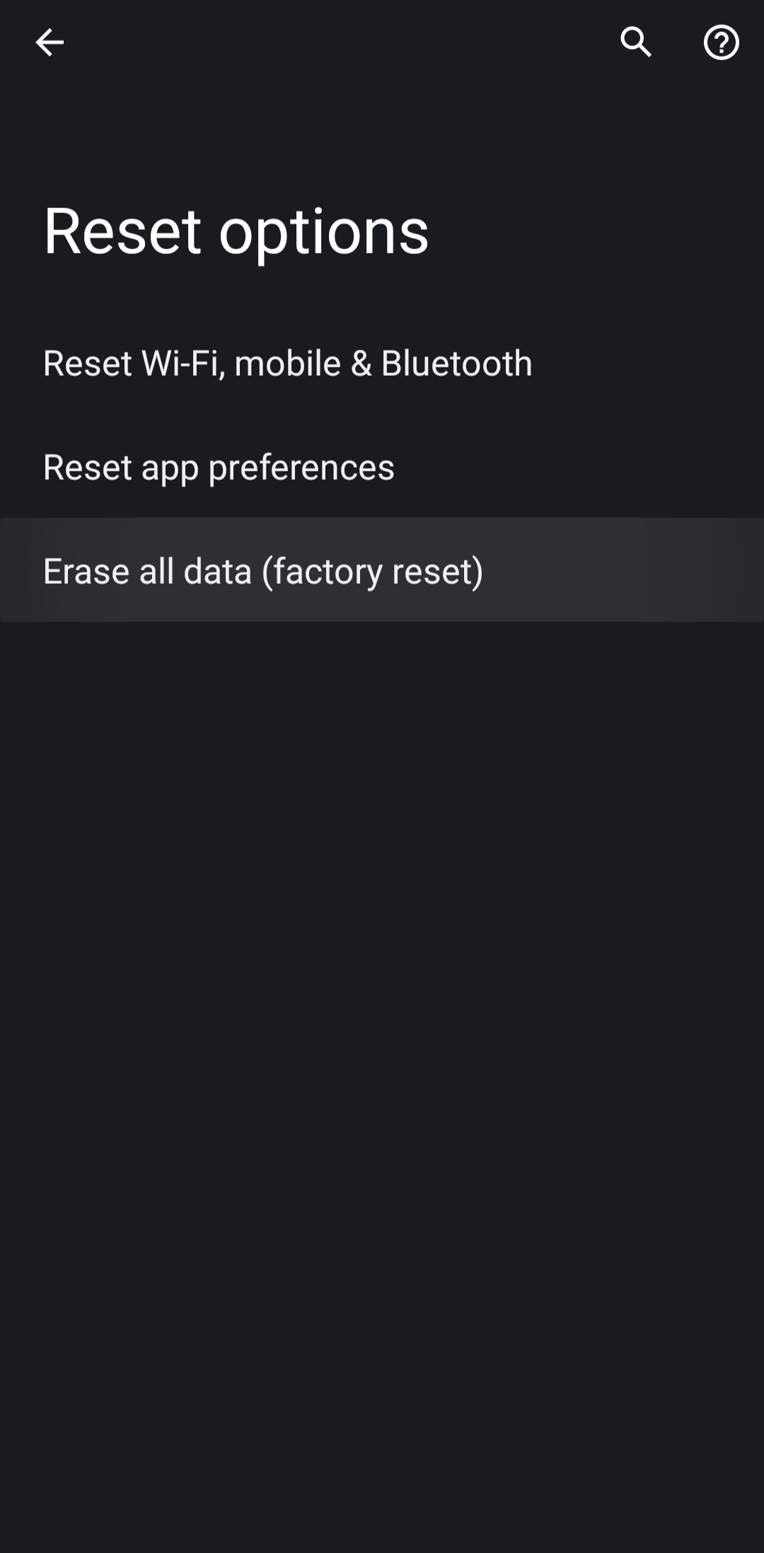 The Reset Options menu on an Android device.