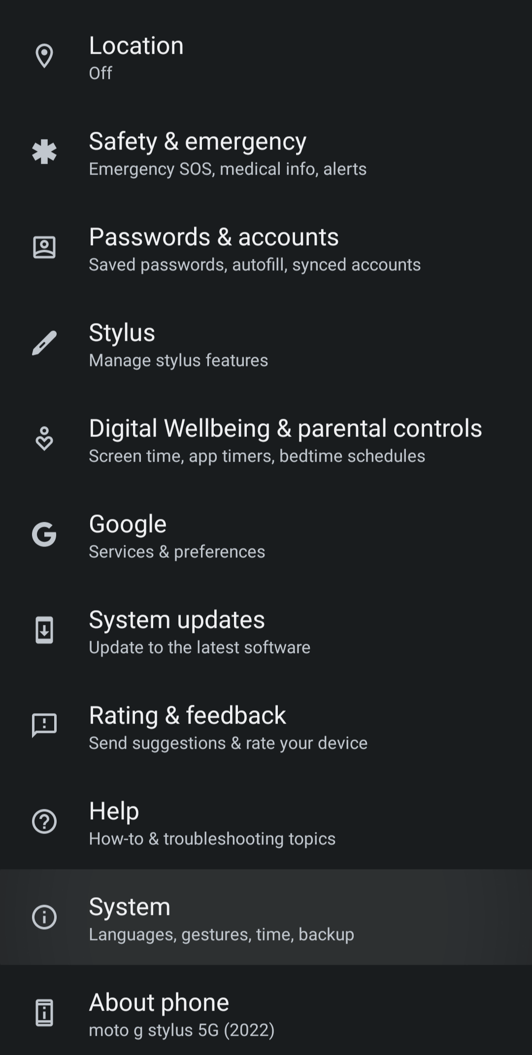 The setting menu on an Android device.