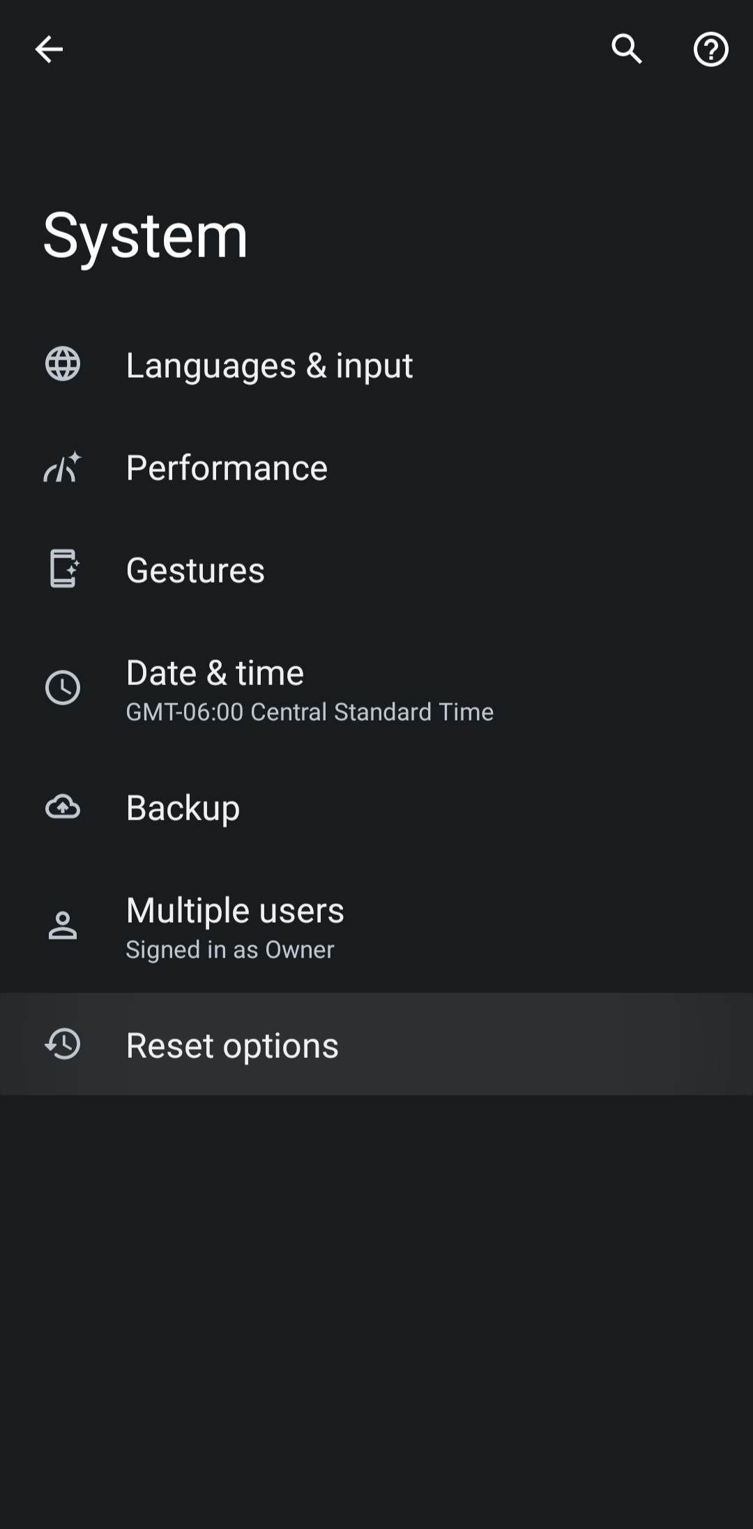 The System settings menu on an Android device.