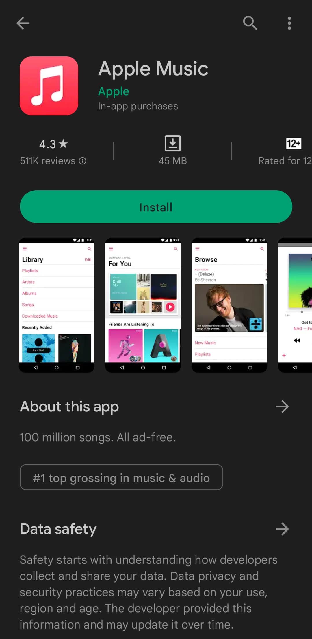 Halaman informasi Apple Music di Google Play Store