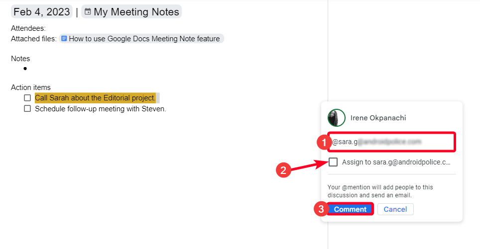 Assigning Action item to someone in Google Docs via comments