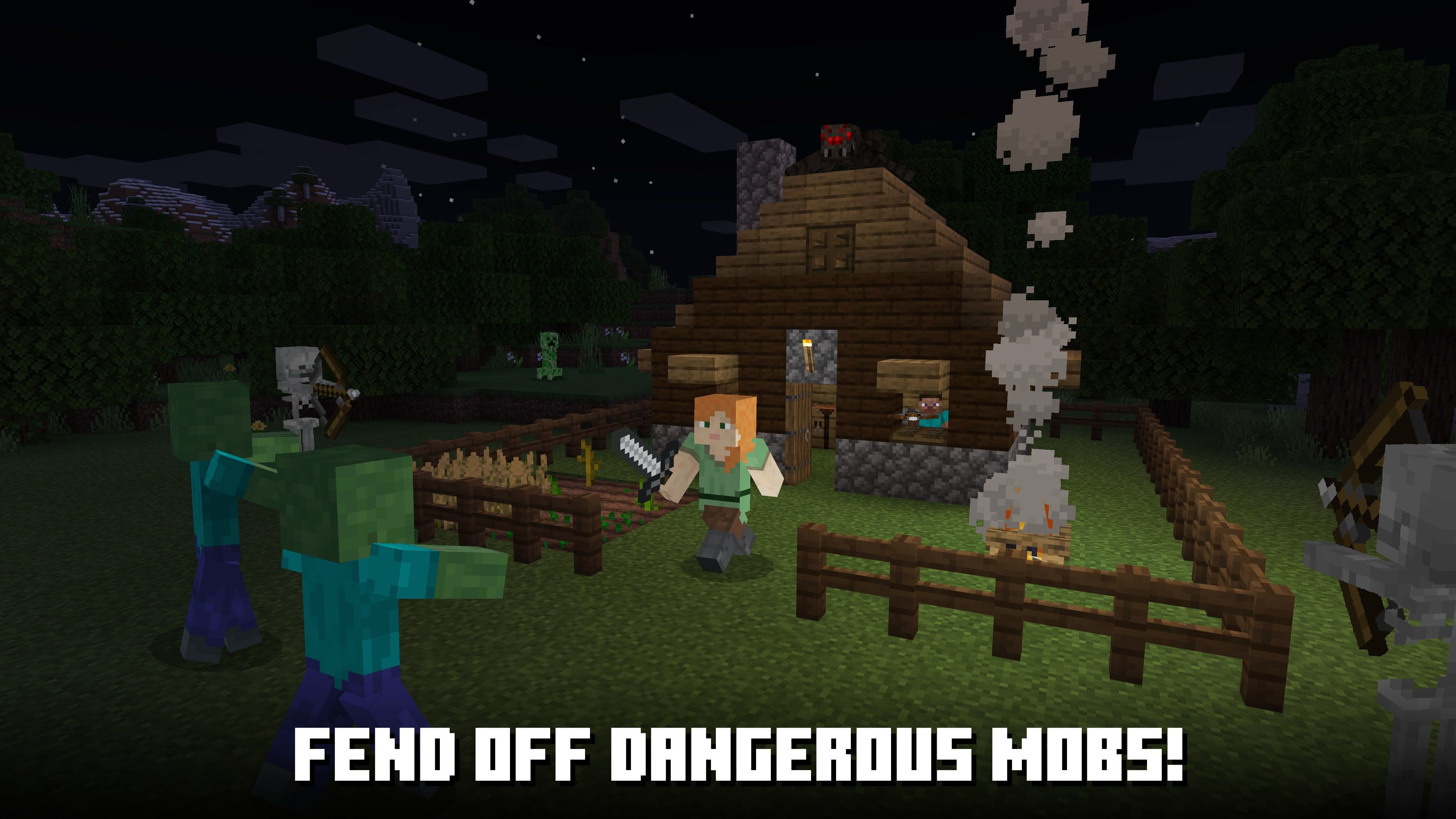 Minecraft character fending off zombies next to a house