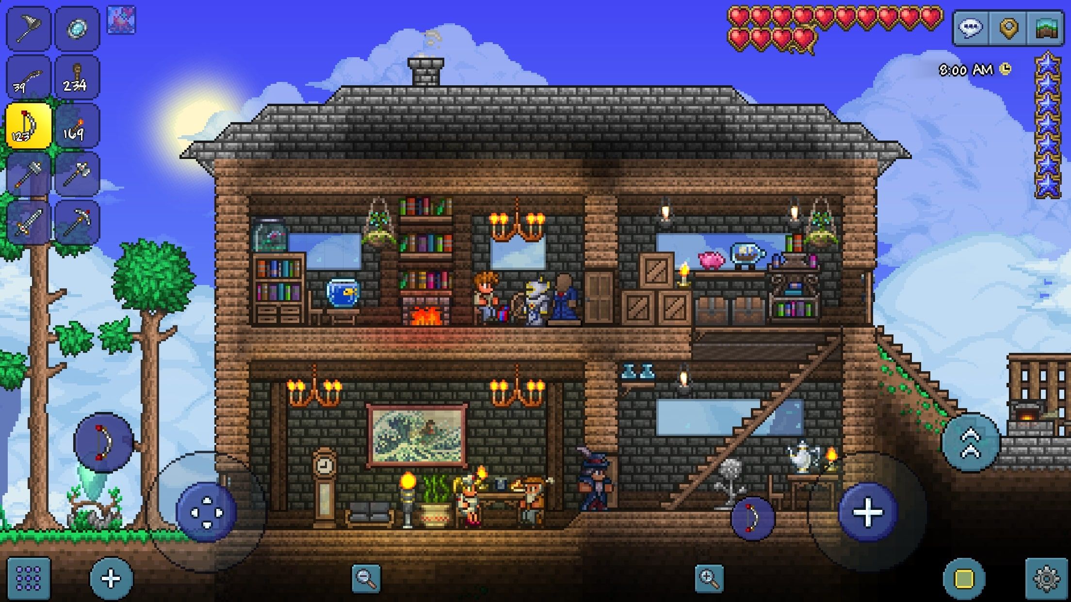 Terraria showing characters in a house from a 2D perspective