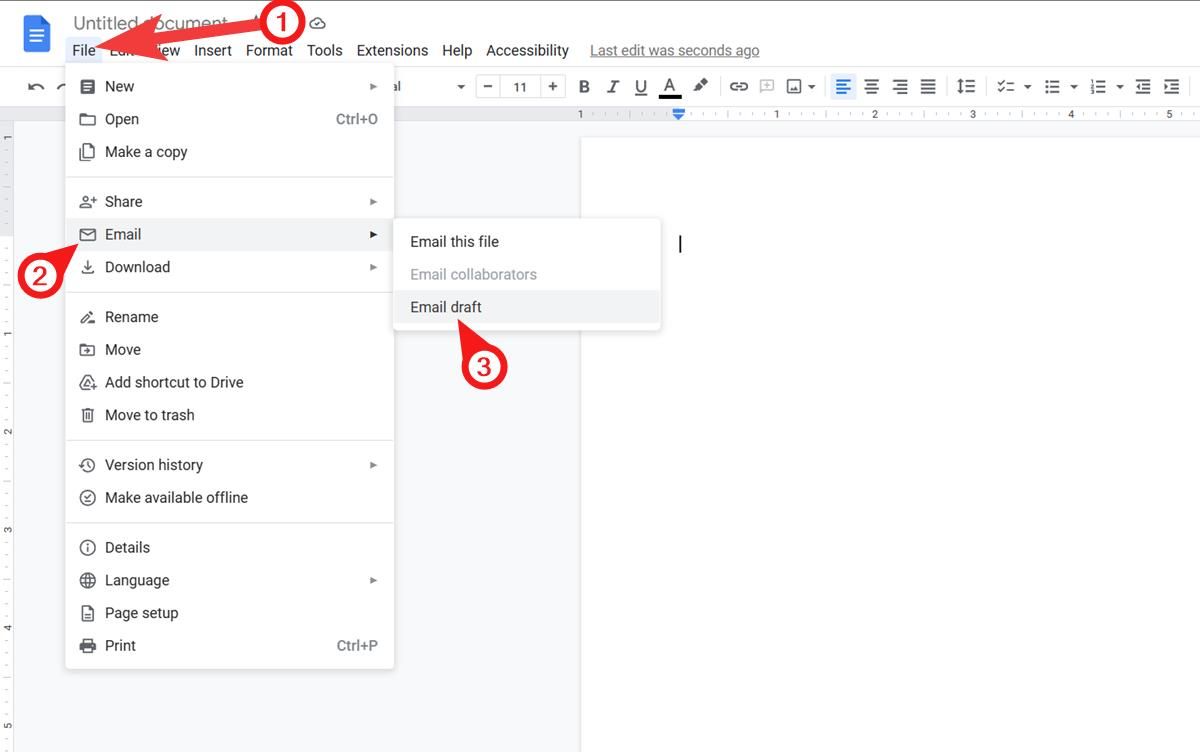 Screenshot depicting a Google Docs interface, with a step-by-step guide highlighted: 'Select File', then 'Email', followed by 'Email draft', each step numbered sequentially for easy understanding.