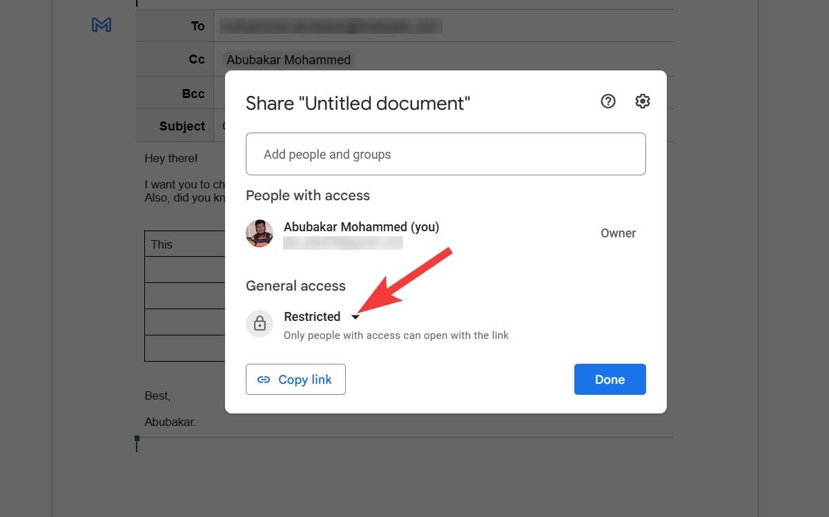 Screenshot showing a document's sharing settings, with an arrow pointing to the 'Restricted' option under the 'General Access' section.