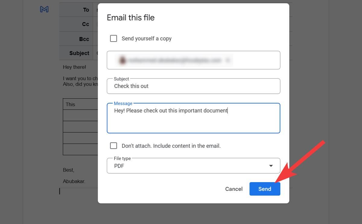 Screenshot of an 'Email This File' prompt window, showcasing different sections for selecting file type and composing a message, with an arrow highlighting the 'Send' button.