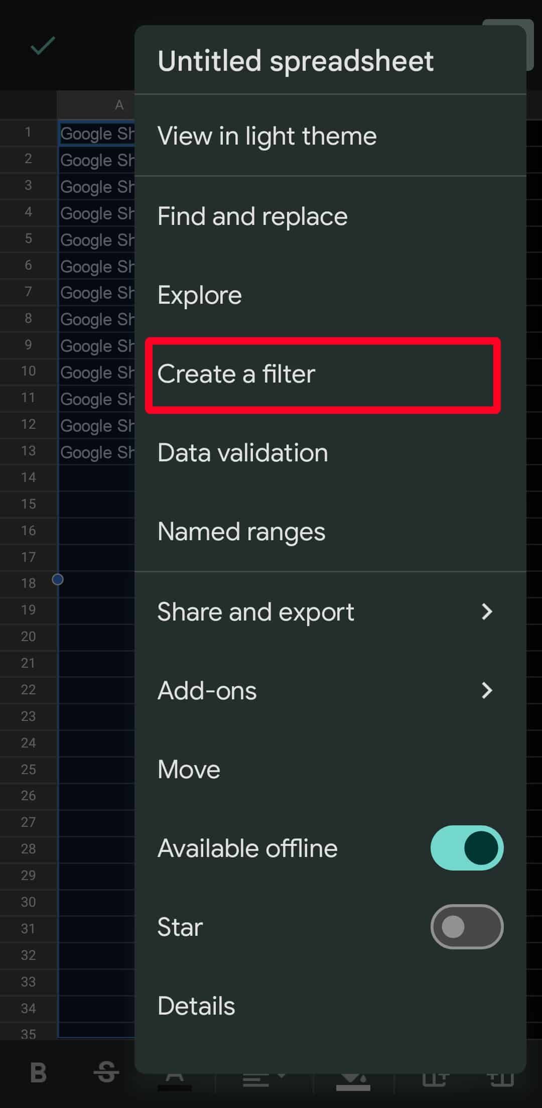 Create a filter option in Google Sheets mobile app