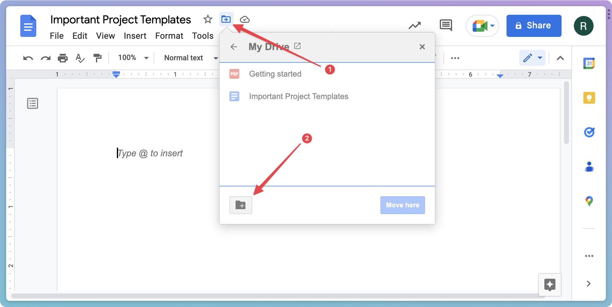 Google Docs screenshot showing how to move a document to a folder