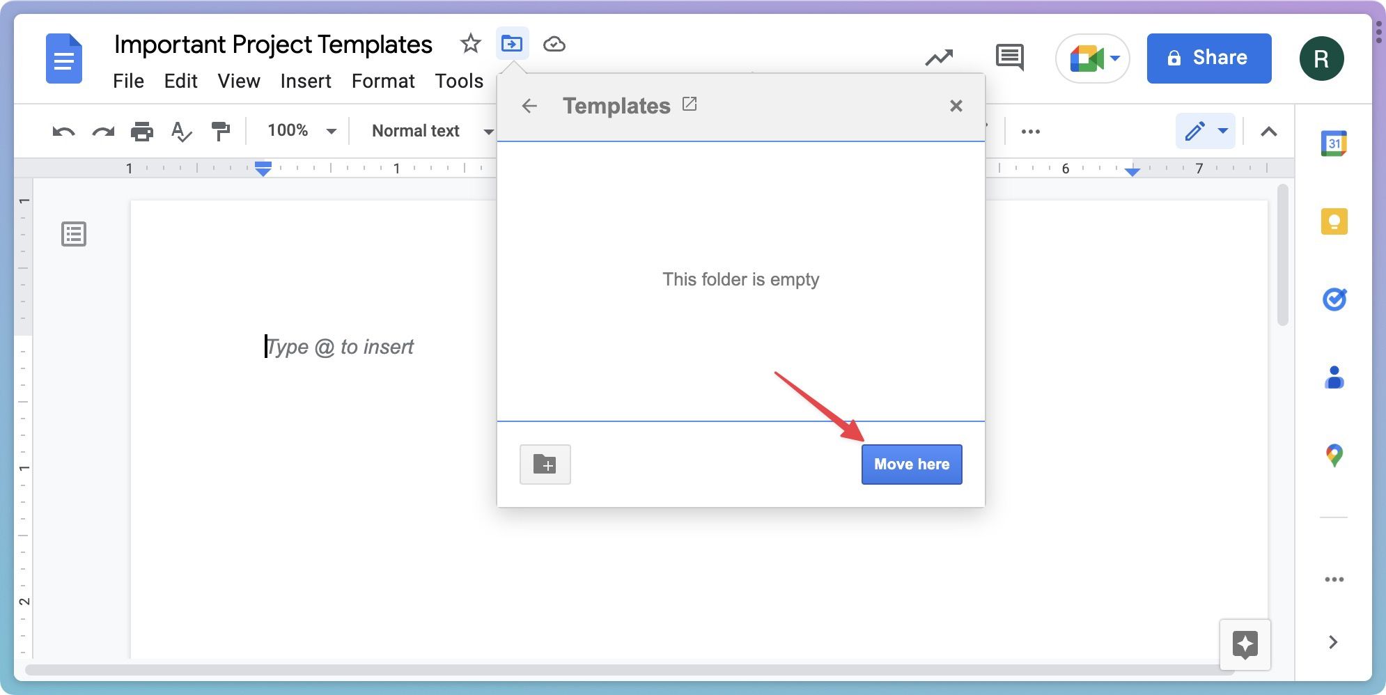 Google Docs screenshot showing how to move a document to a folder