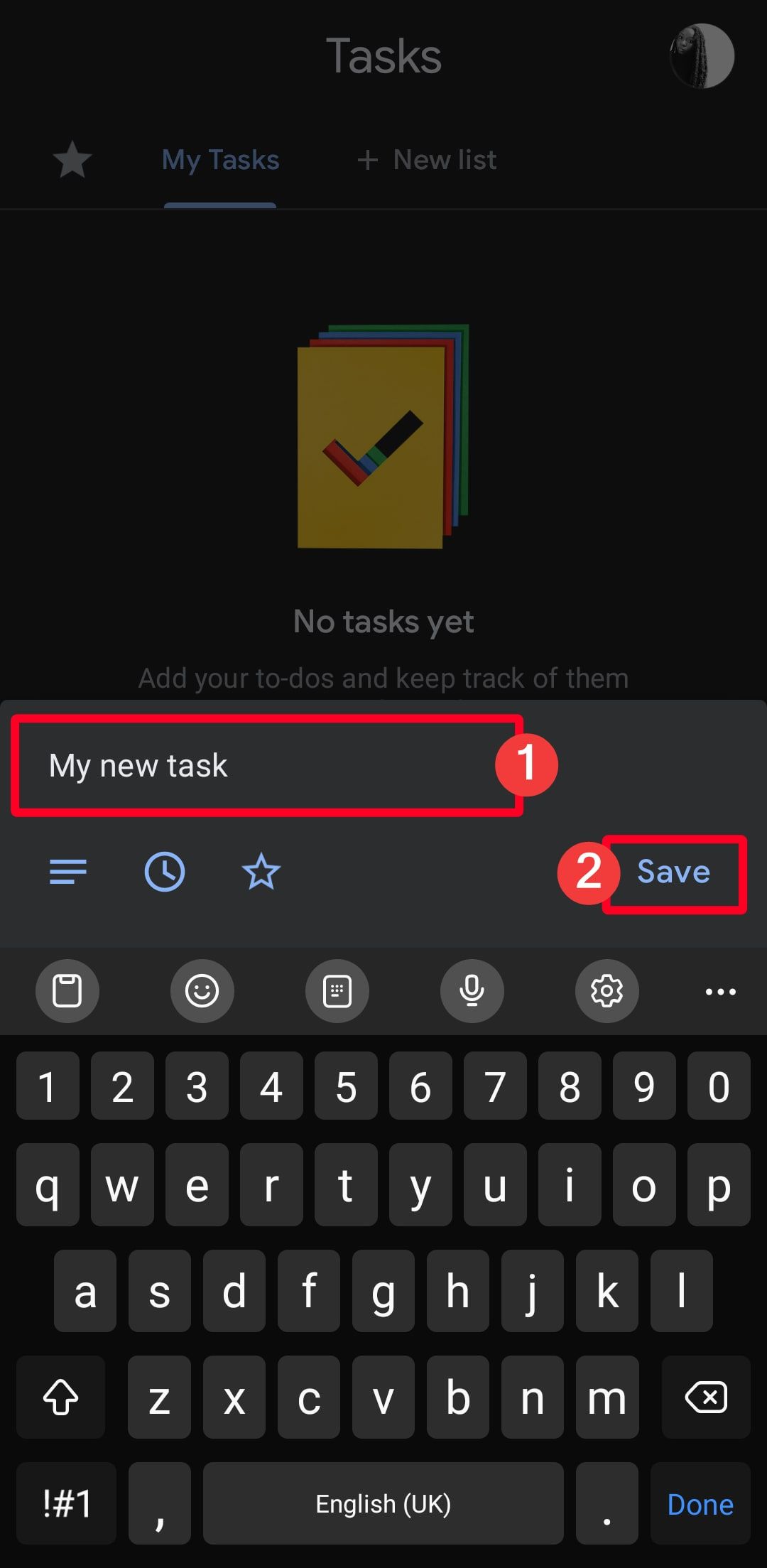 Creating a new task in Google Tasks Android app