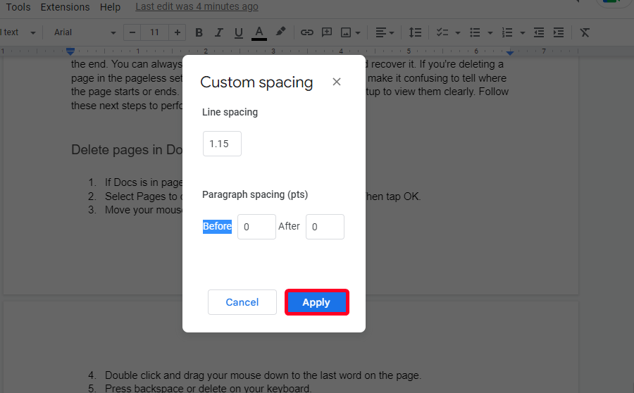 Custom spacing window in Google Docs