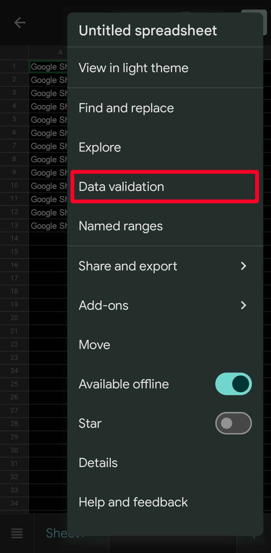 Data validation in Google Sheets mobile app