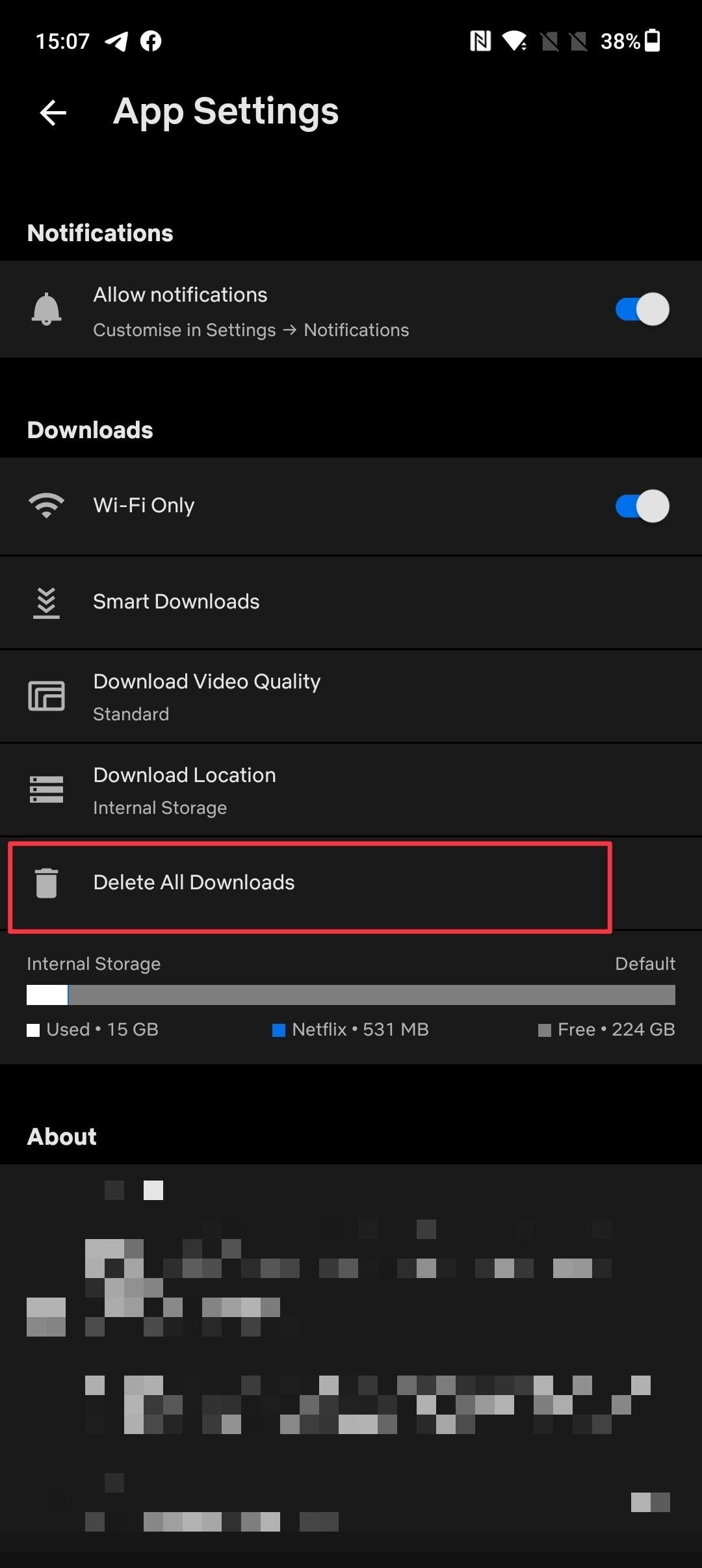 screenshot of netflix mobile app settings menu