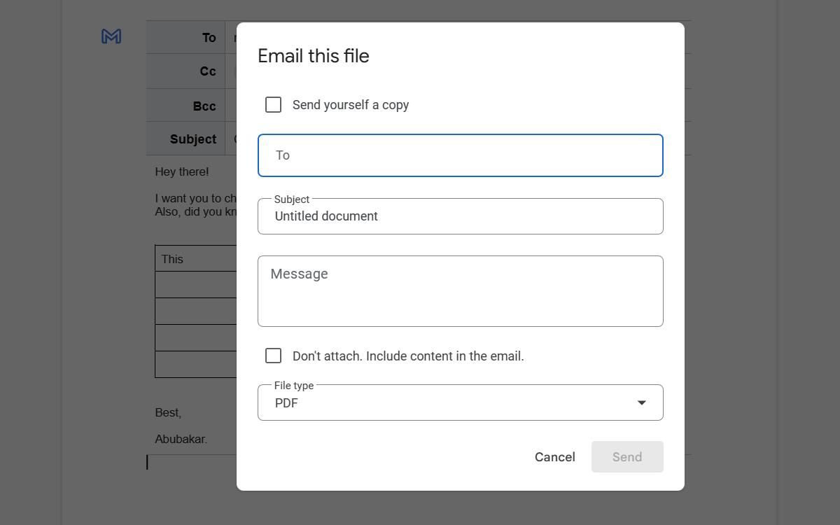 CScreenshot of an 'Email This File' prompt window, showcasing different sections for selecting file type and composing a message.