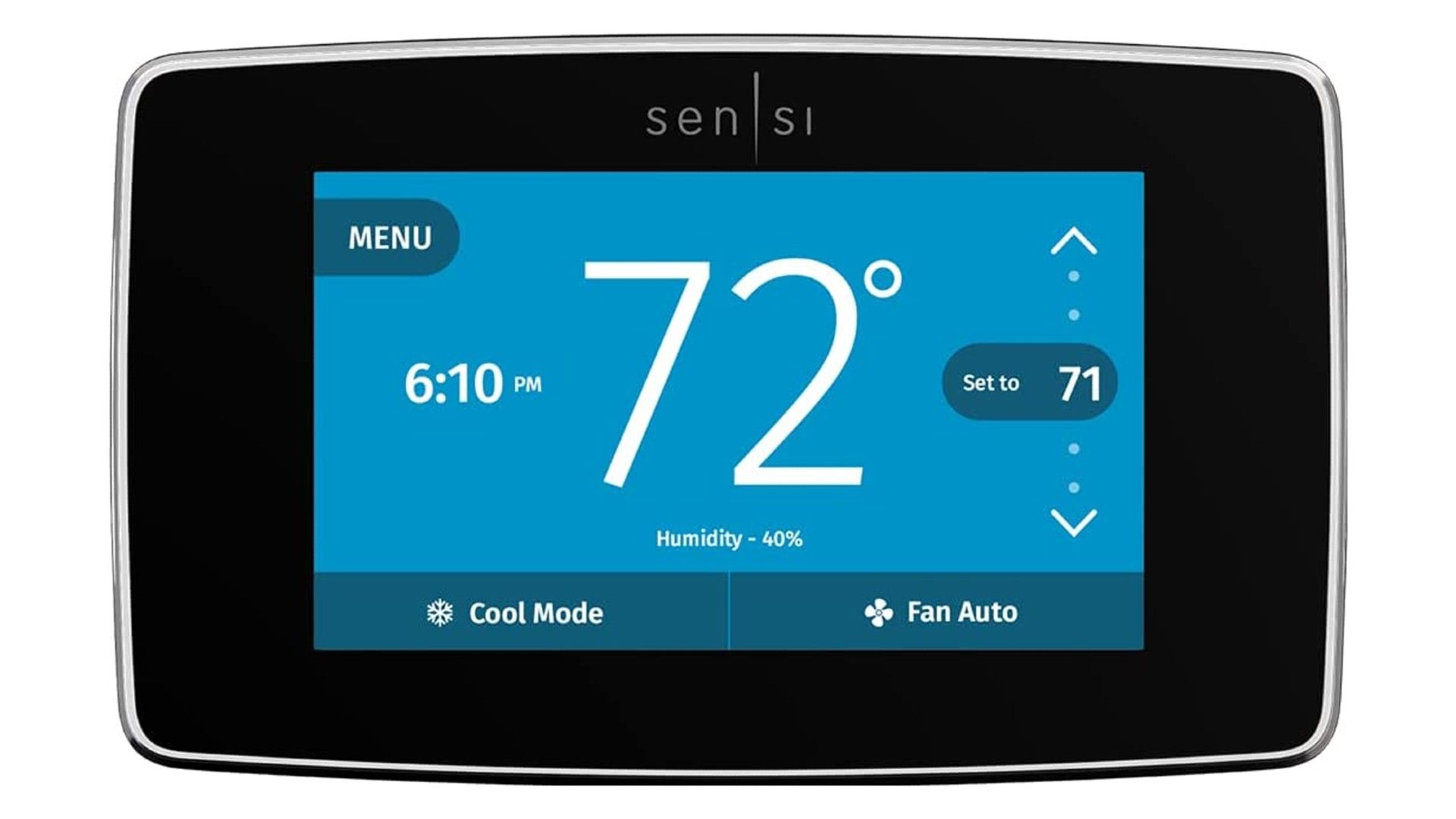 An Emerson Sensi Touch WI-FI smart thermostat showing the temperature and controls